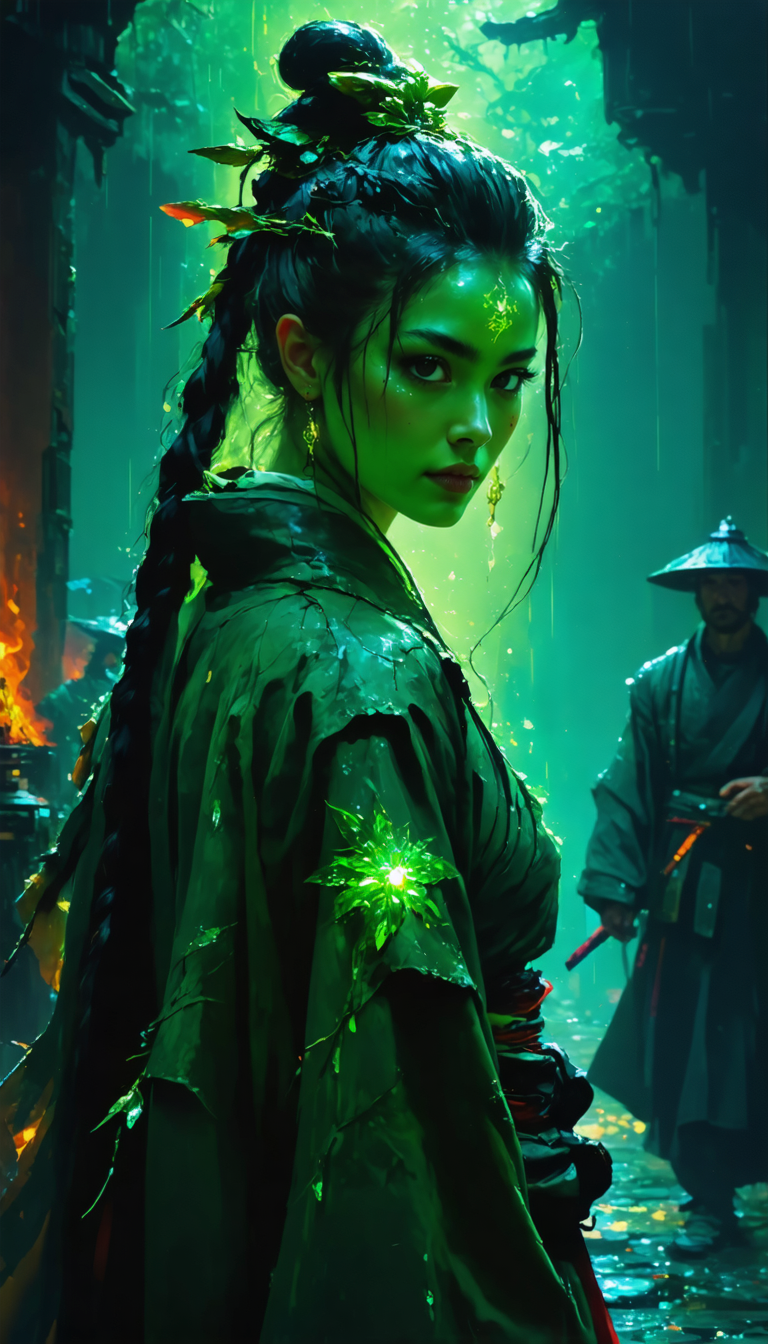 Brooding neo-Tokyo samurai woman in neon rain, glowing tattoos, stormy eyes, cinematic noir