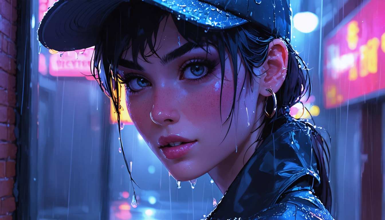 Moody noir portrait of female detective, rain-soaked neon Tokyo street, cinematic lighting.