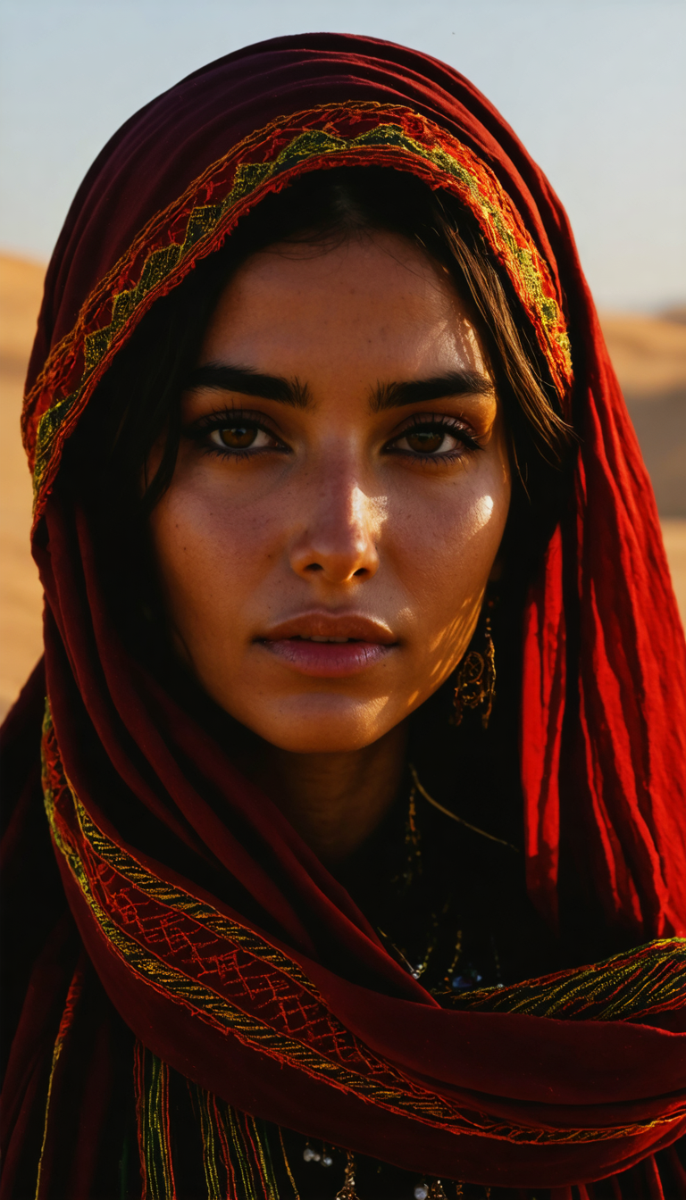 Close-up: Bedouin woman desert dusk, embroidered veil, amber rim light, intense gaze, low-angle