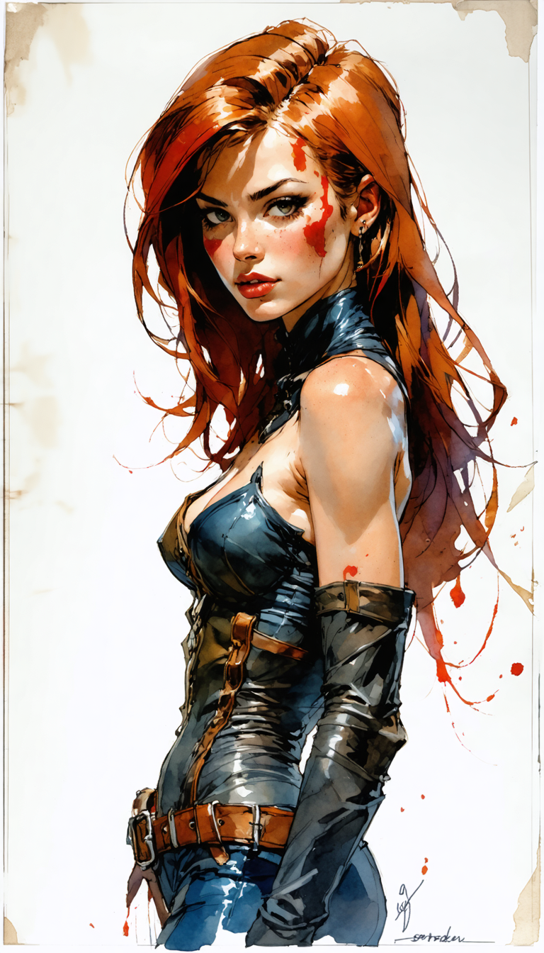 Sketchbook Style, Sketch book, hand drawn, dark, gritty, realistic sketch, Rough sketch, mix of bold dark lines and loose lines, bold lines, on paper, turnaround character sheet, a stunningly beautiful Amazon Woman, slim body, leather and lace corset, brown red floating hair, bangs, Full body, arcane symbols, runes, dark theme, Perfect composition golden ratio, masterpiece, best quality, 4k, sharp focus. Better hand, perfect anatomy. by With Design In Mind