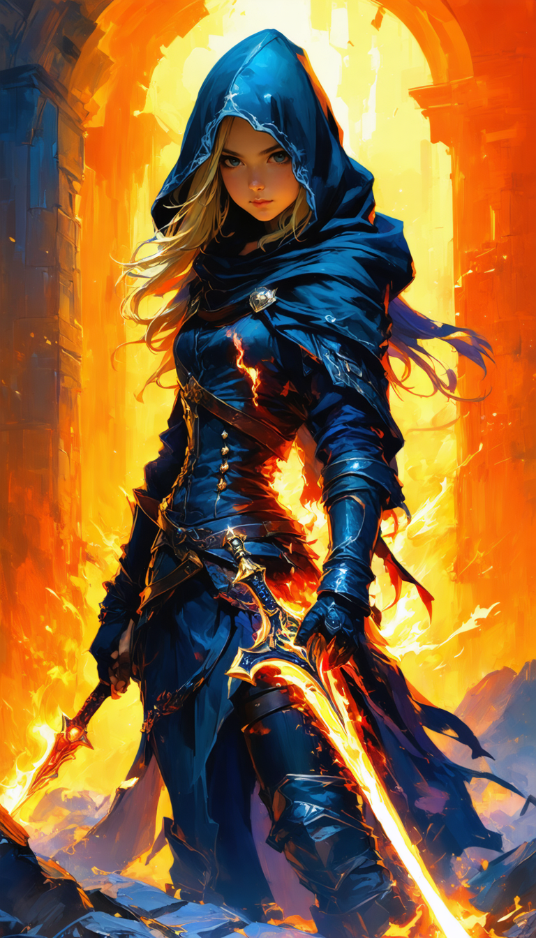 masterpiece, Rogue assassin girl, wearing a hood, blonde hair, shrouded in shadows, holding a flaming dagger in each hand, vibrant glowing abyssal colors, entirely in frame, FULL BODY, radiating electrical energy, shoulder length messy hair, Full body, Beautiful anime waifu style girl, hyperdetailed painting, luminism, art by Carne Griffiths and Wadim Kashin concept art, 8k resolution, fractal isometrics details bioluminescence , 3d render, octane render, intricately detailed , cinematic, trending on art station Isometric Centered hyper realistic cover photo awesome full color, hand drawn , gritty, realistic, intricate, hit definition , cinematic, Rough sketch, bold lines, on paper, vibrant, epic, ultra high quality model