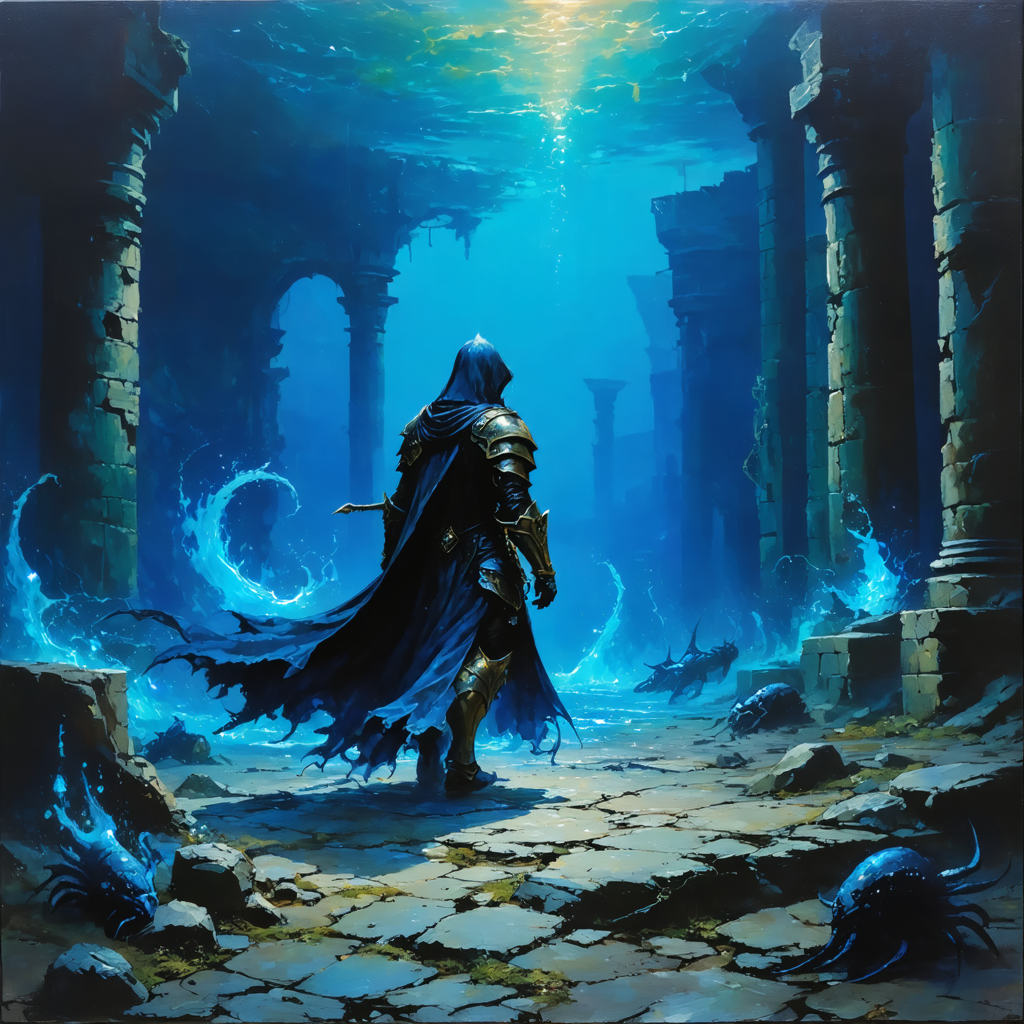 A deep-sea knight with shimmering aqua armor and glowing trident, standing in a submerged ruins battlefield, cloak of tentacles swirling in dark water, glowing sea creatures around, waves crashing in slow motion, cinematic underwater lighting, fantasy aquatic design