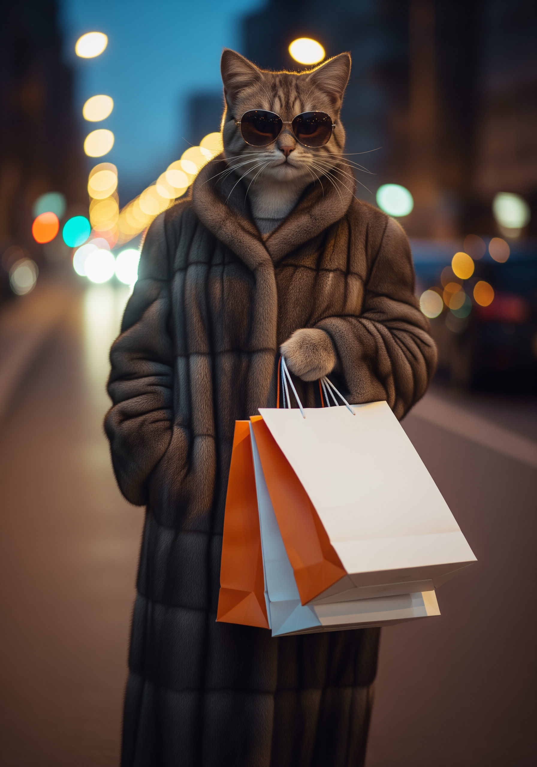 Anthropomorphic cat girl, fashion icon, wearing an expensive mink fur coat and stylish dark sunglasses. She is holding three paper shopping bags: the bags are orange with black handles and clean white side panels, completely blank with no text or logos anywhere. The style is hyper-realistic, glamour photoshoot, sharp focus, high fashion aesthetic. Background: a blurry city street at night.