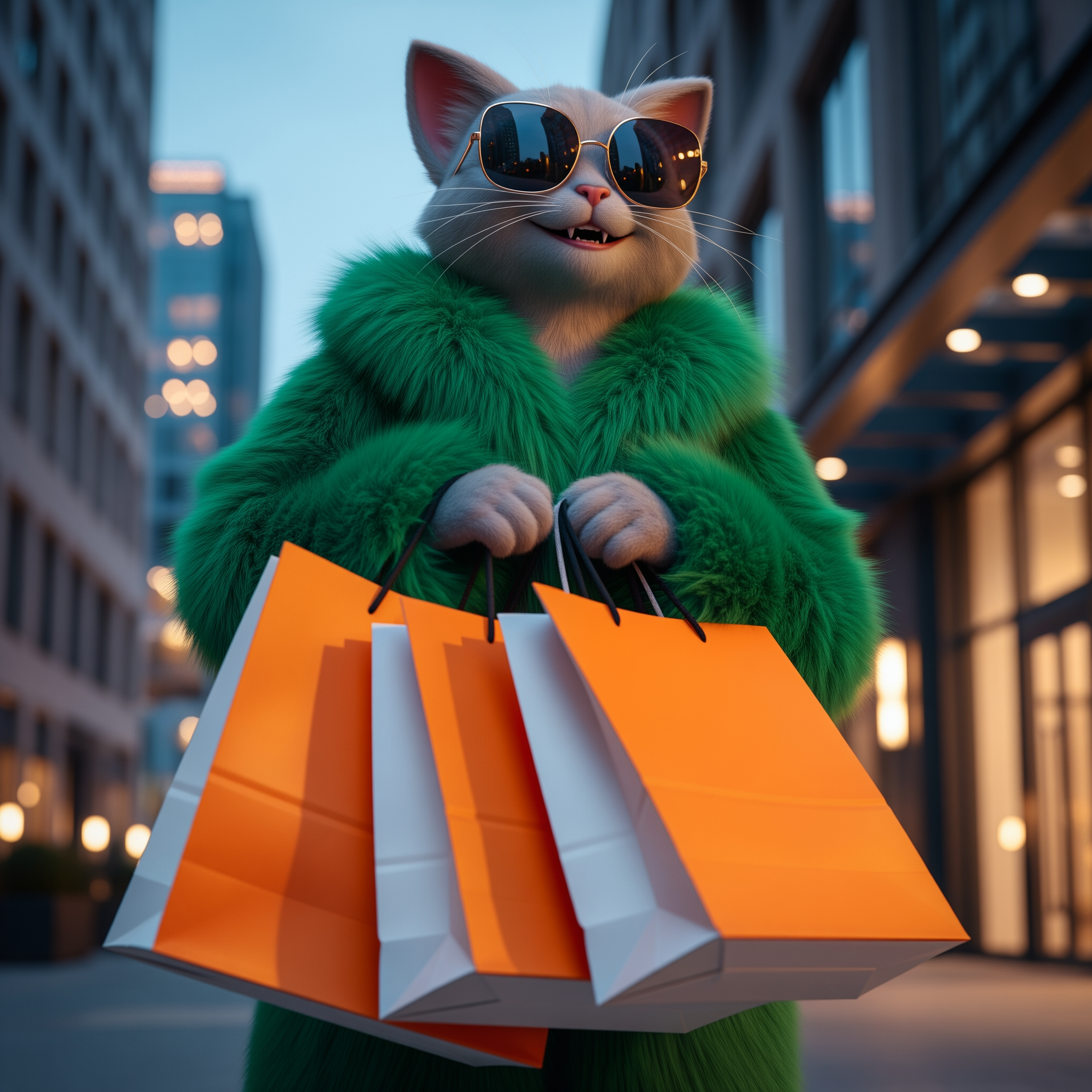 Anthropomorphic cat girl, smiling happily, wearing a voluminous fluffy fur coat and fashionable dark sunglasses. She is holding three paper shopping bags with bright orange bodies, black handles, and clean white side panels. The bags and the entire image are completely plain with no text, logos, or branding of any kind. Style: cinematic photography, soft lighting, vibrant colors, hyper-detailed, 8k resolution. Background: a sleek, upscale urban area.