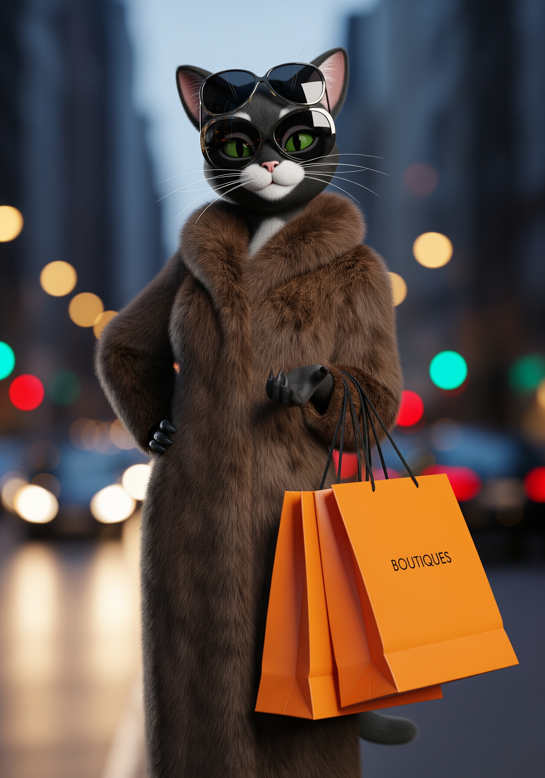 Anthropomorphic cat girl, fashion icon, wearing an expensive mink fur coat and stylish dark sunglasses. She is holding three paper shopping bags with distinct orange bodies and long black handles. The style is hyper-realistic, glamour photoshoot, sharp focus, high fashion aesthetic. Background: a blurry city street at night.
