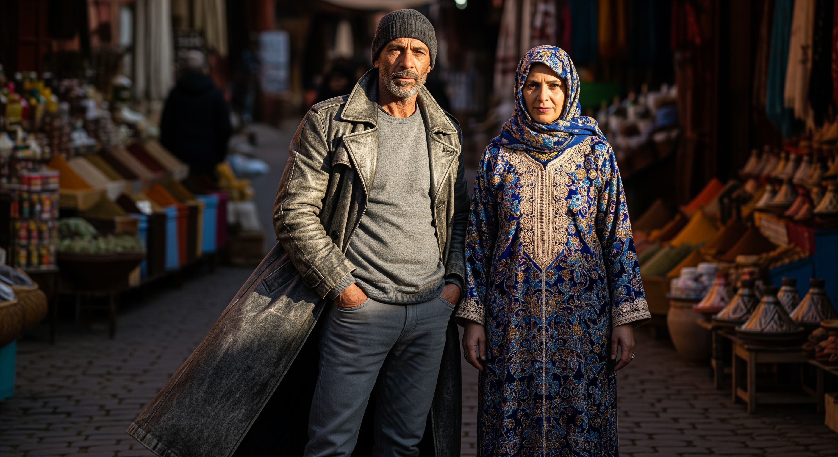 A grizzled, mixed race man in his early 50s, wearing a grey beanie hat, dressed all in grey under a full length grey leather trenchcoat is stood next to a beautiful Moroccan woman in her early 50s, dressed in a traditional Moroccan robe