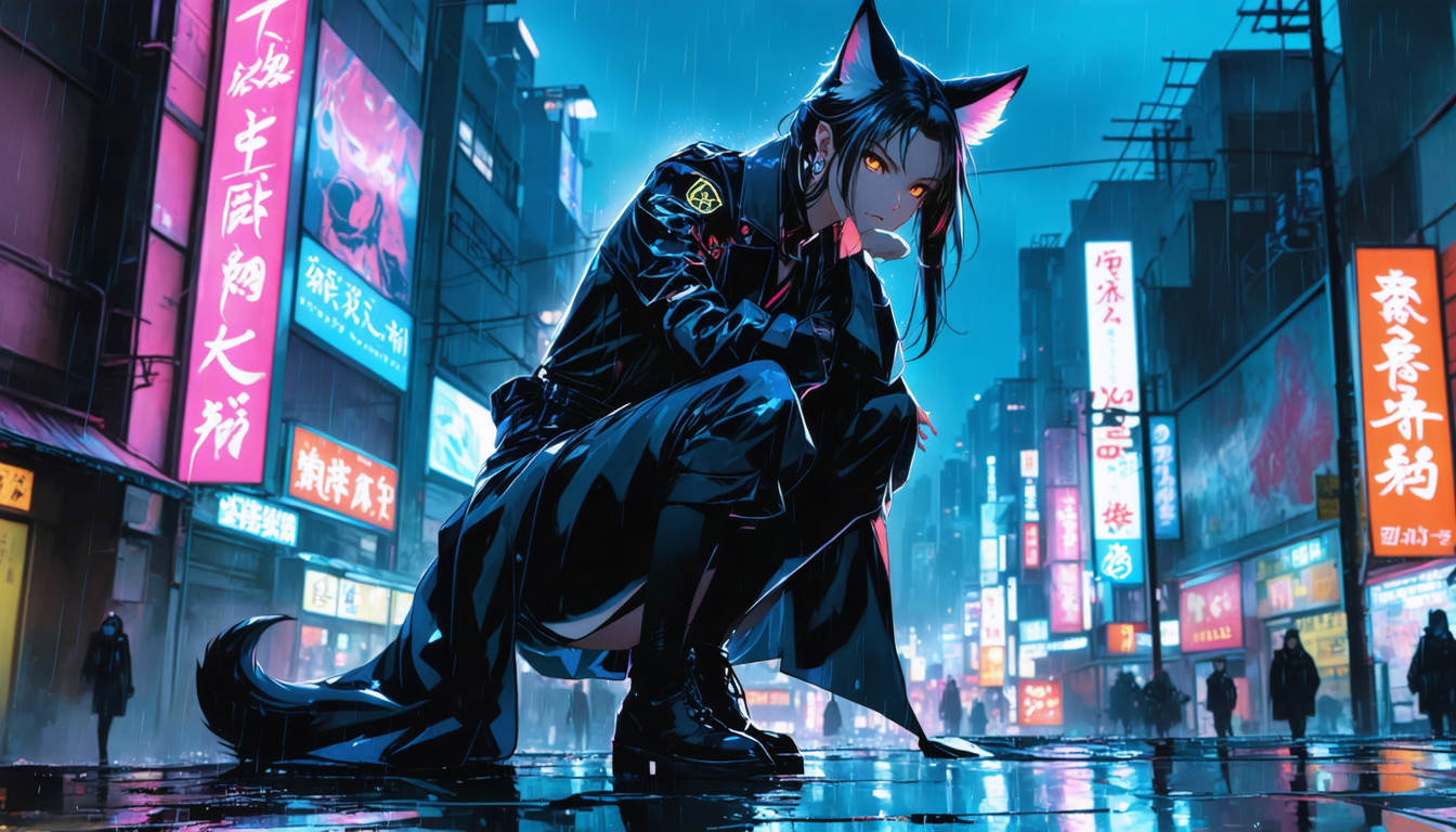 Subject: 28-year-old Japanese fox-human hybrid street samurai wears a sleek, neon-lined kimono beneath a reflective leather trench coat, bioluminescent tattoos curling along her arms. Her amber eyes narrow in determined defiance as she crouches on a rain-slick rooftop overlooking a neon-soaked cyberpunk Tokyo. Low-angle 35 mm shot captures shimmering raindrops pop against pink and teal signs. Moody dusk lighting, gritty futurism with a mystical edge.