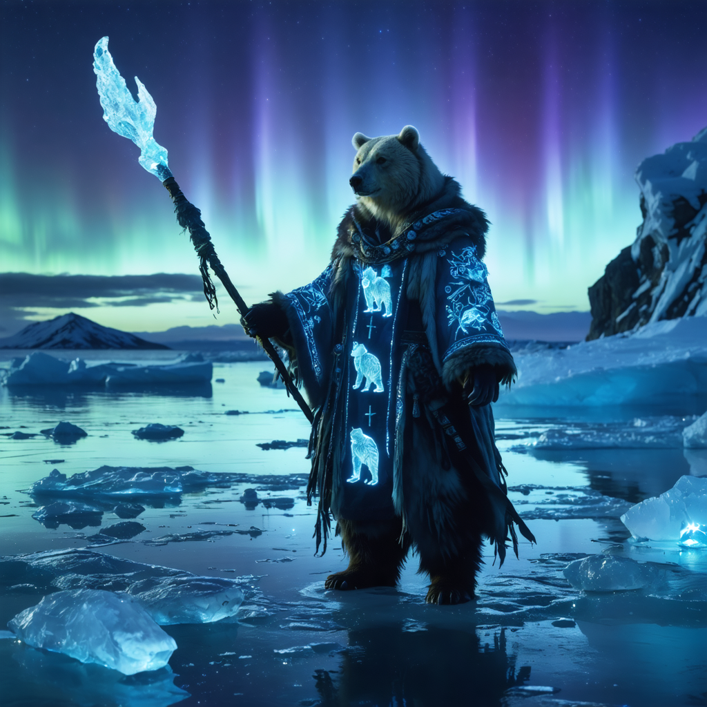An Inuit bear-shaman elder stands on a melting ice floe at dusk, her sealskin robes embroidered with glowing runes tracing mythical bears. With a serene yet resolute expression, she holds an ice-carved staff aloft, summoning the northern lights. Crystal icebergs and mirror-like water surround her as aurora waves dance overhead. Soft bioluminescent glow from the runes and staff contrasts with fading golden twilight on the horizon. Shot from a low angle with a 35mm lens at f/1.8 for shallow depth of field. Mood: mystical urgency and quiet reverence.