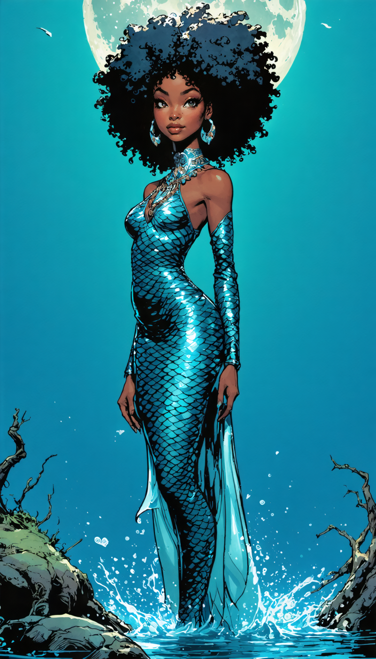 A 28-year-old Afro-Brazilian merfolk envoy with iridescent turquoise scales glimpsing beneath flowing indigo fins, wears a minimalist silver chestpiece engraved with coral motifs. Her amber eyes glint with serene determination, shoulders squared and chin lifted in a regal, defiant pose. She stands thigh-deep in rippling water at the edge of a misty lagoon under a full moon. A low-angle shot frames her silhouette against bioluminescent mangrove roots; cool moonlight and soft underlighting accentuate scale texture, creating an ethereal, cinematic mood.