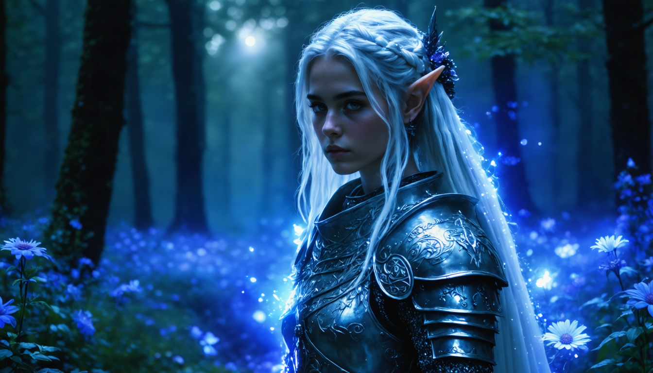 Ethereal elven warrior woman in moonlit forest, silver armor engraved with runes, sorrowful gaze, bioluminescent flowers, soft Rembrandt lighting.