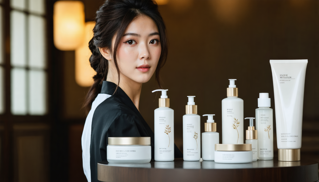 A Japanese hair salon background, a professional woman facing the camera, with some skin care products on the table in front