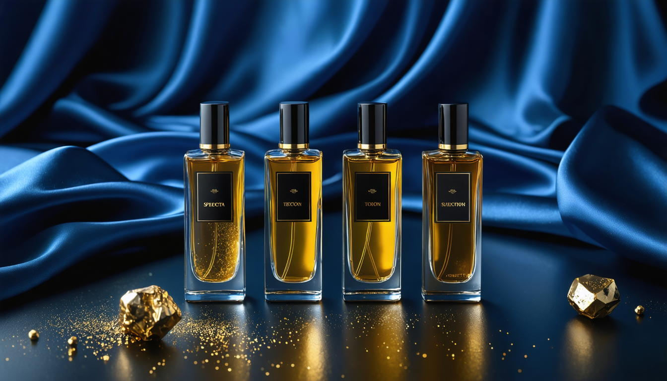 Imagine A photograph of four miniature perfume bottles arranged on a polished obsidian black surface, showcasing a luxurious aesthetic. Each bottle contains a shimmering golden liquid and is topped with a matte black cap, featuring minimalist vertical labels displaying "SPECTA", "TYCOON", "STORM RIDER", and "ROYAN MIDNIGHT" in sleek black lettering. The backdrop consists of a dark royal blue silk fabric, gently wrinkled to create depth and accented with subtle gold thread, while overhead cinematic lighting highlights the bottles with a soft glow, scattering fine gold sparkles and a delicate mist. Soft shadow falloff and subtle lens flare enhance the scene, captured at a 45-degree angle with a shallow depth of field and creamy bokeh.