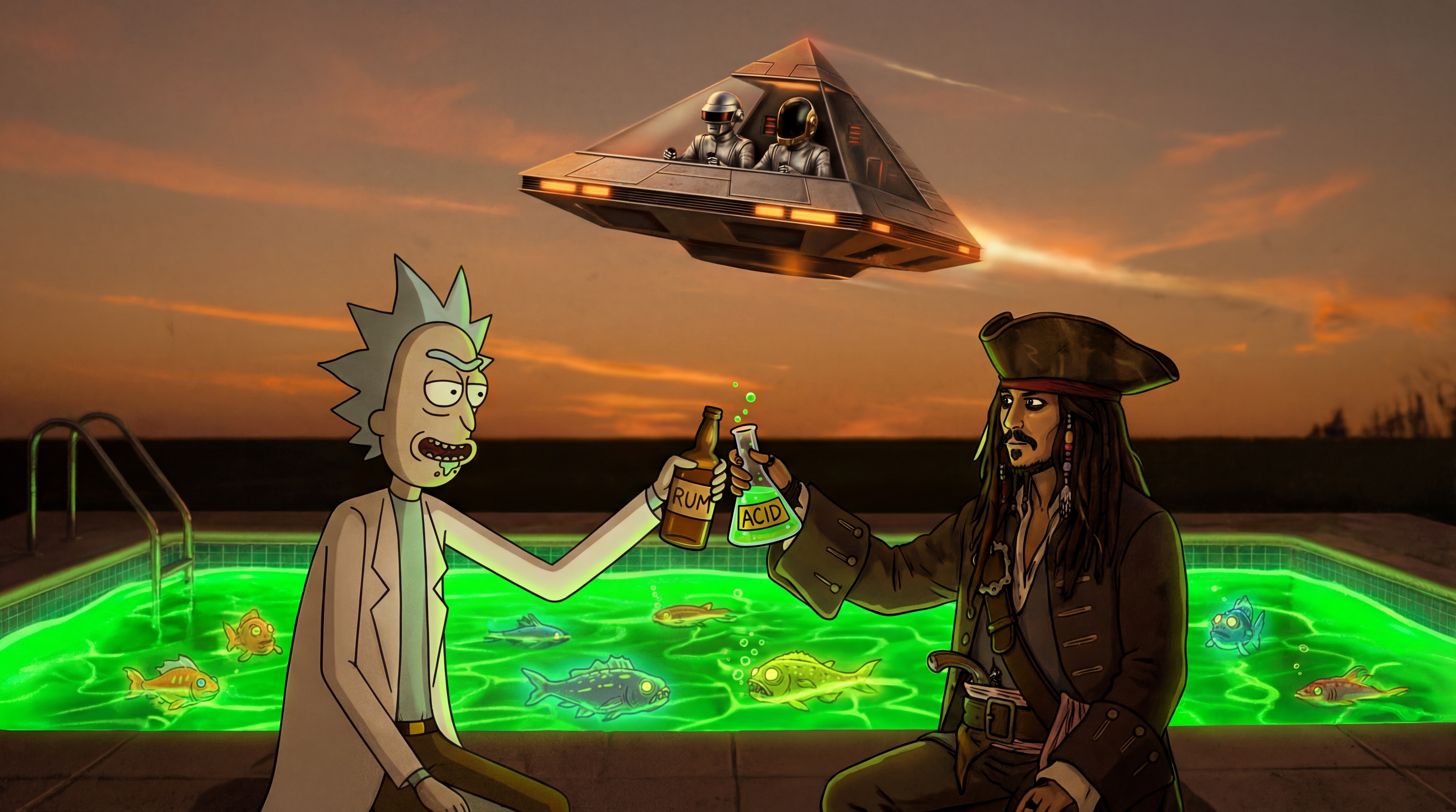 Rick Sanchez and Captain Jack Sparrow drinking rum and pouring acid into a swimming pool of radioactive fish as daft punk is flying a space ship over them
