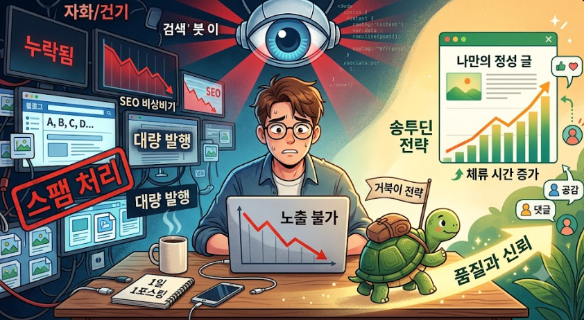 잘나가던 내 블로그가 갑자기 멈춘 이유: 검색 봇을 달래는 ‘거북이 전략’
