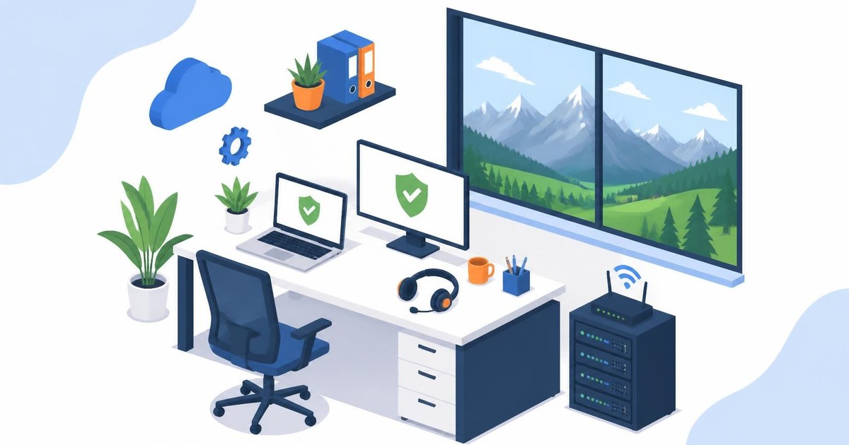 Illustration: Büroarbeitsplatz mit IT-Support, Server und Blick auf die Allgäuer Berge