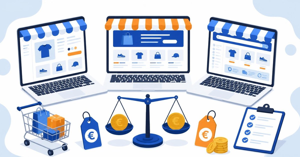 Illustration: drei Online-Shops auf Laptops im Vergleich mit Waage, Warenkorb und Preisschildern