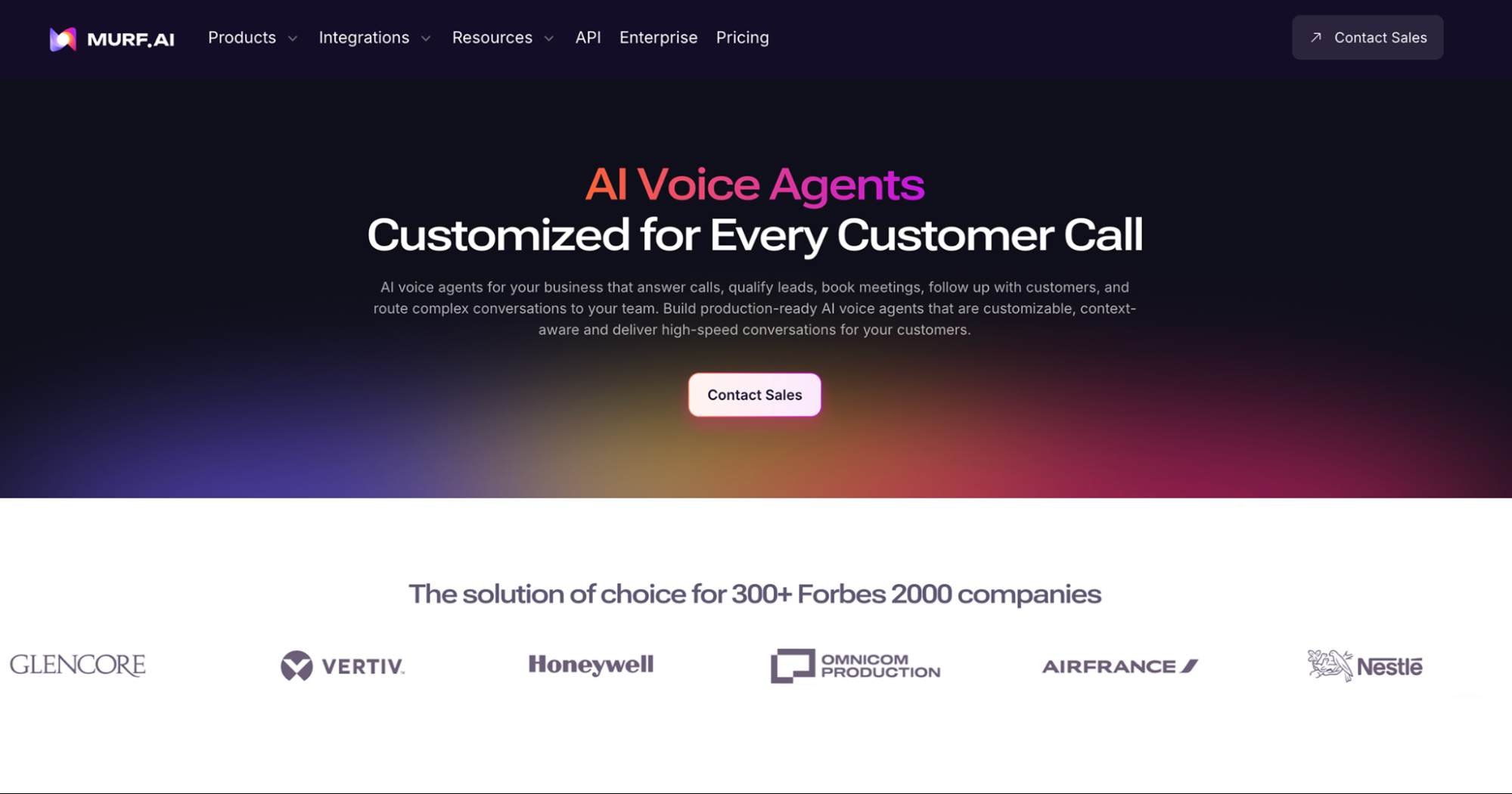 Murf AI Voice Agents webpage promoting customized AI voice agents for customer support calls