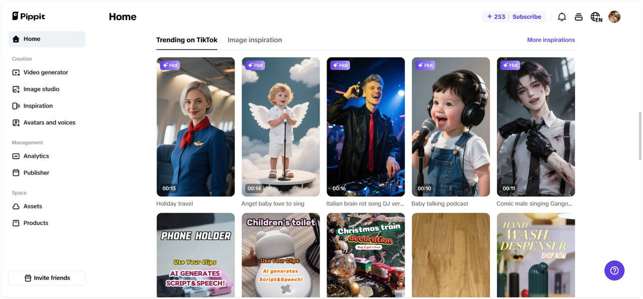 Pippit dashboard Home screen showing Trending on TikTok video ideas, with creation tools in the left sidebar like Video generator, Image studio, and Avatars and voices.