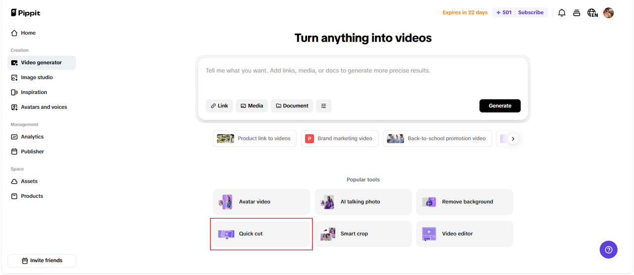 Pippit Video generator page with Quick cut highlighted, prompting users to turn any clip or link into a short video with AI, plus tools for avatar video, smart crop, and remove background.