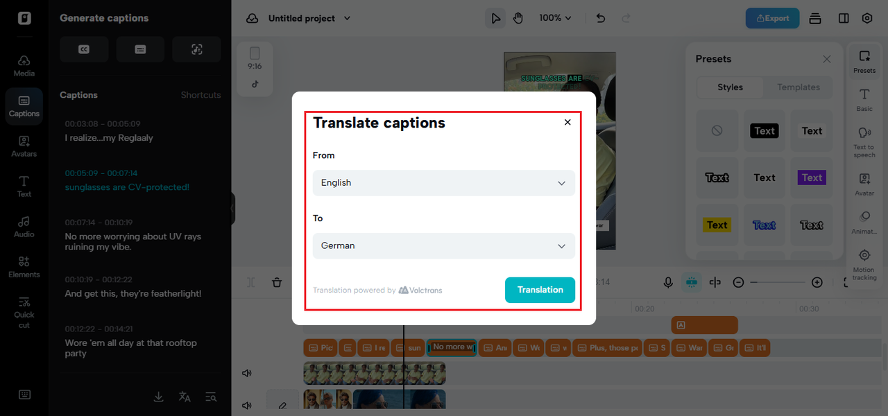 Pippit translate captions dialog showing automatic translation of video subtitles from English to German inside the caption editor.