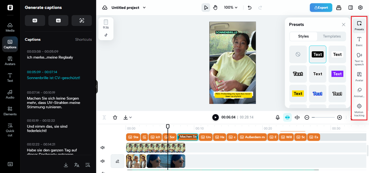 Pippit caption editor with timeline and styling panel open, showing presets for on-screen text, text-to-speech, avatar, animation, and motion tracking tools for short video captions.