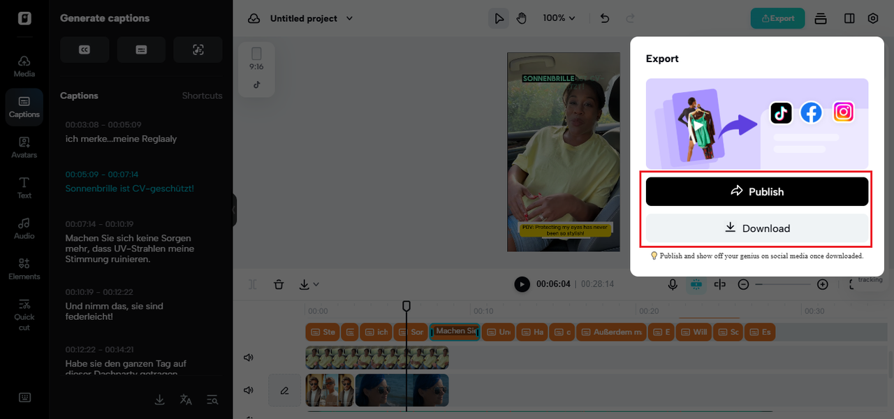Pippit video editor export popup with options to Publish directly to TikTok, Facebook, and Instagram or Download the finished short-form video.