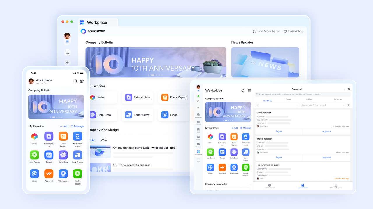 Team collaboration workspace in Lark showing an integrated overview of communication and work tools.