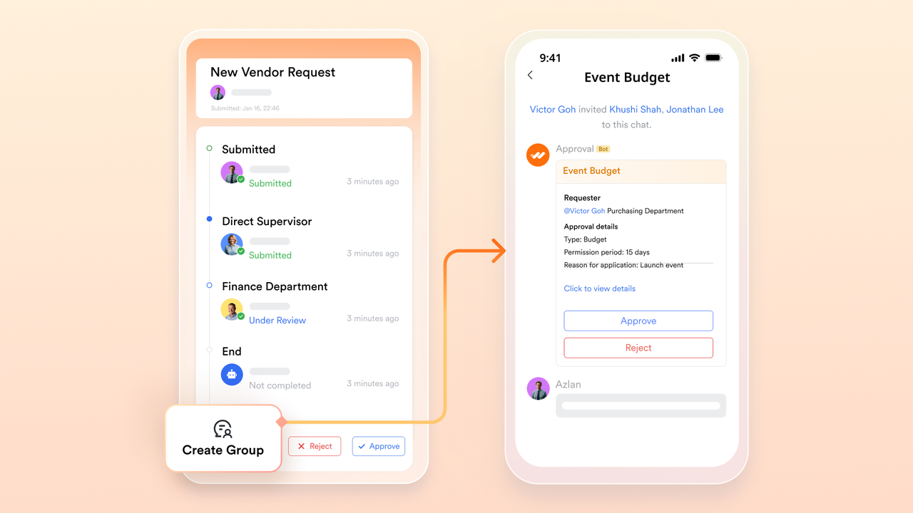 Lark Approval interface showing a request workflow for reviewing and approving decisions inside the workspace.