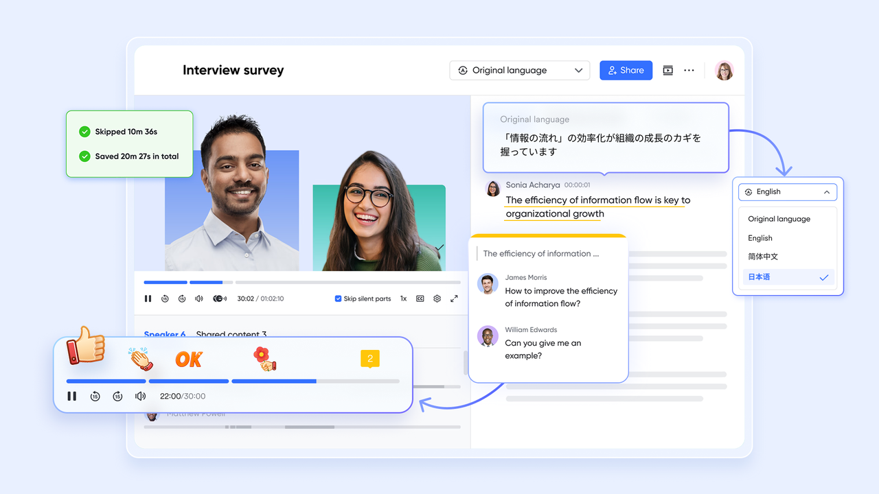 Lark Minutes interface showing meeting transcription, searchable notes, and highlighted key decisions.