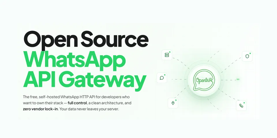 OpenWA-logotyp på mörk bakgrund med WhatsApp- och API-symboler
