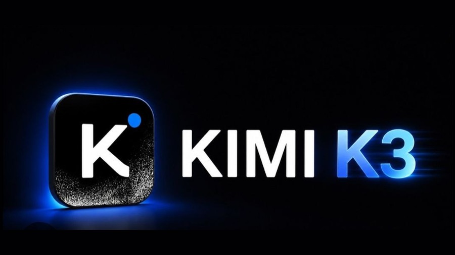 Kimi K3-logotyp mot svart bakgrund med blå ljuseffekter
