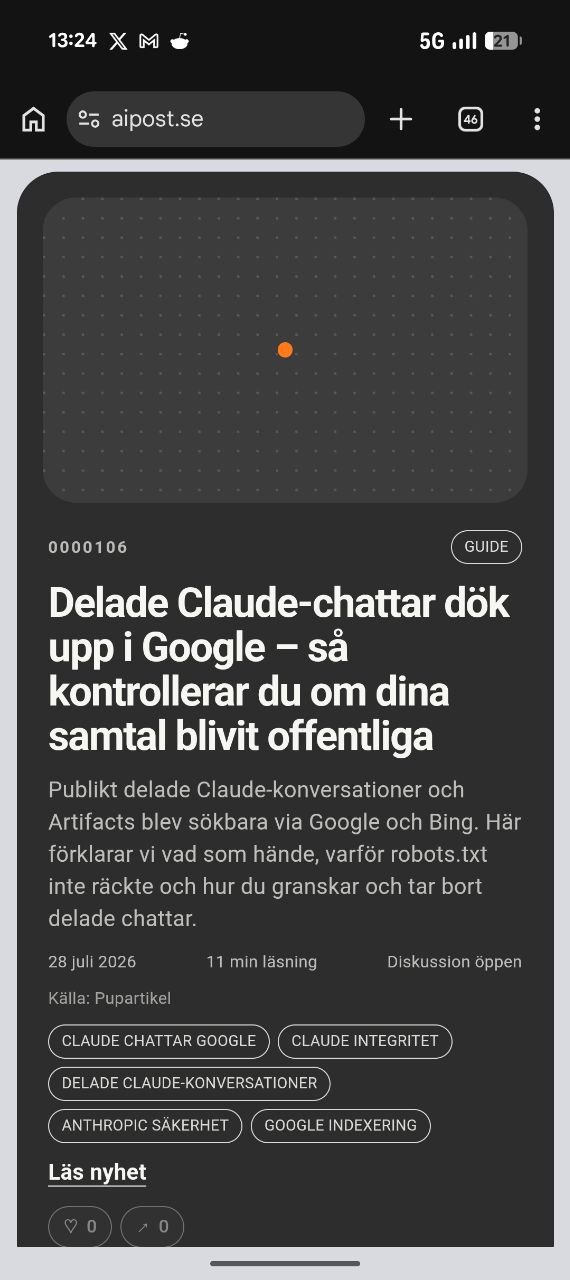 Mobilvy av AIPost-artikeln om delade Claude-chattar som blivit sökbara i Google
