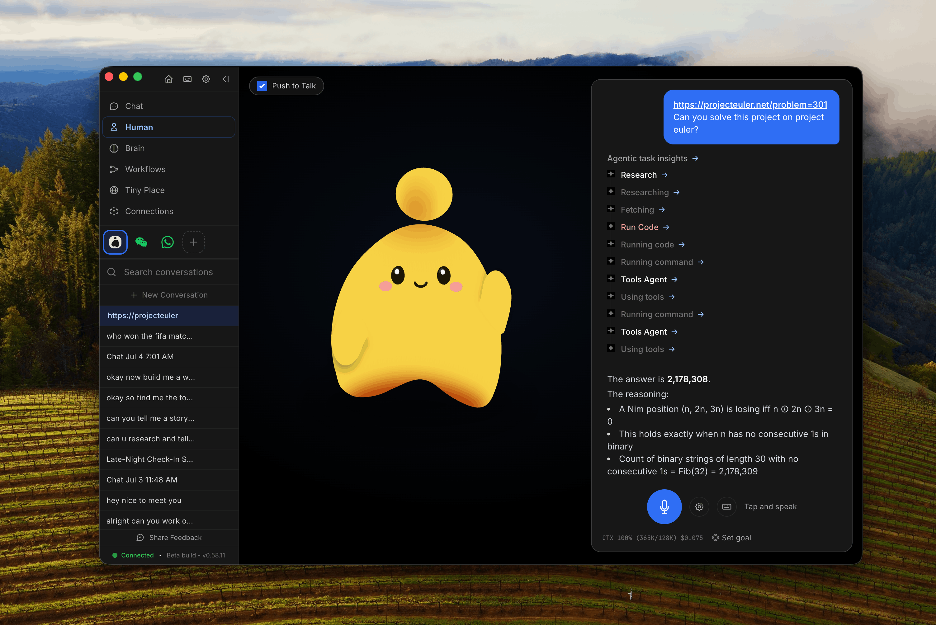 OpenHuman desktop-app med den gula maskoten och agentens arbetsflöde