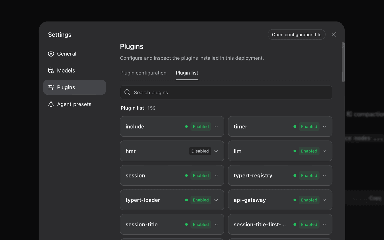 DeepSeek Harness visar installerade plugins och deras status i Web UI.