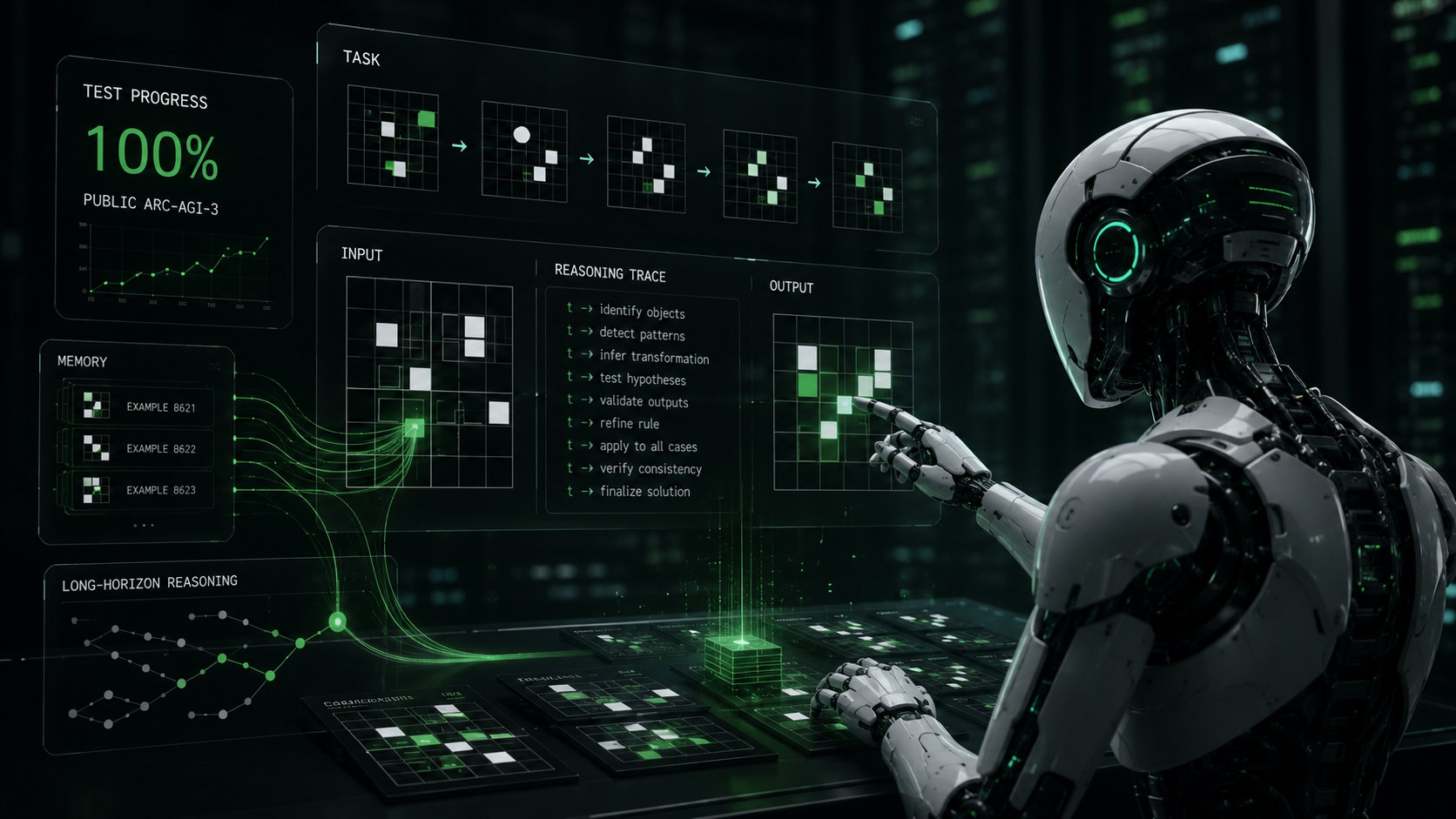 Illustration av en AI-agent som analyserar stegvisa uppgifter och forskningsproblem