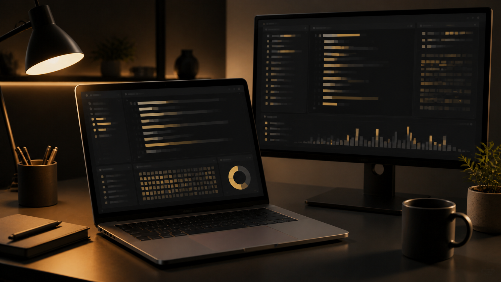 Realistisk utvecklararbetsplats med Claude Code-liknande terminal och kontextmätare