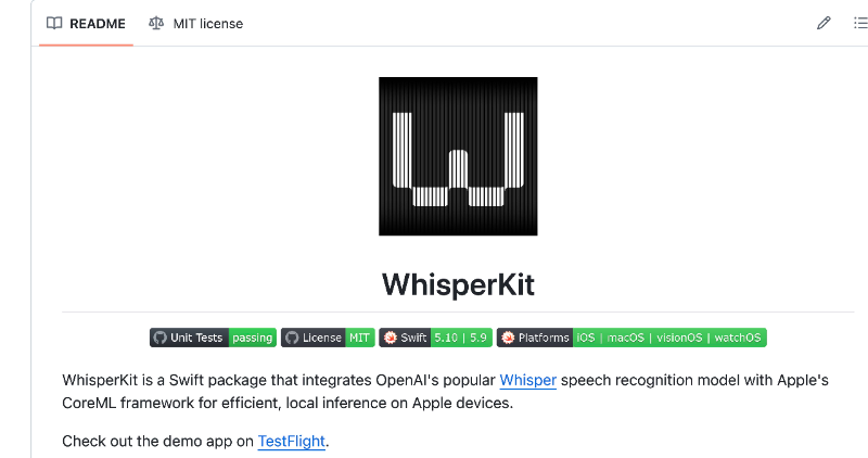 Cover Image for argmaxinc/WhisperKit: Swift native on-device speech recognition with Whisper for Apple Silicon