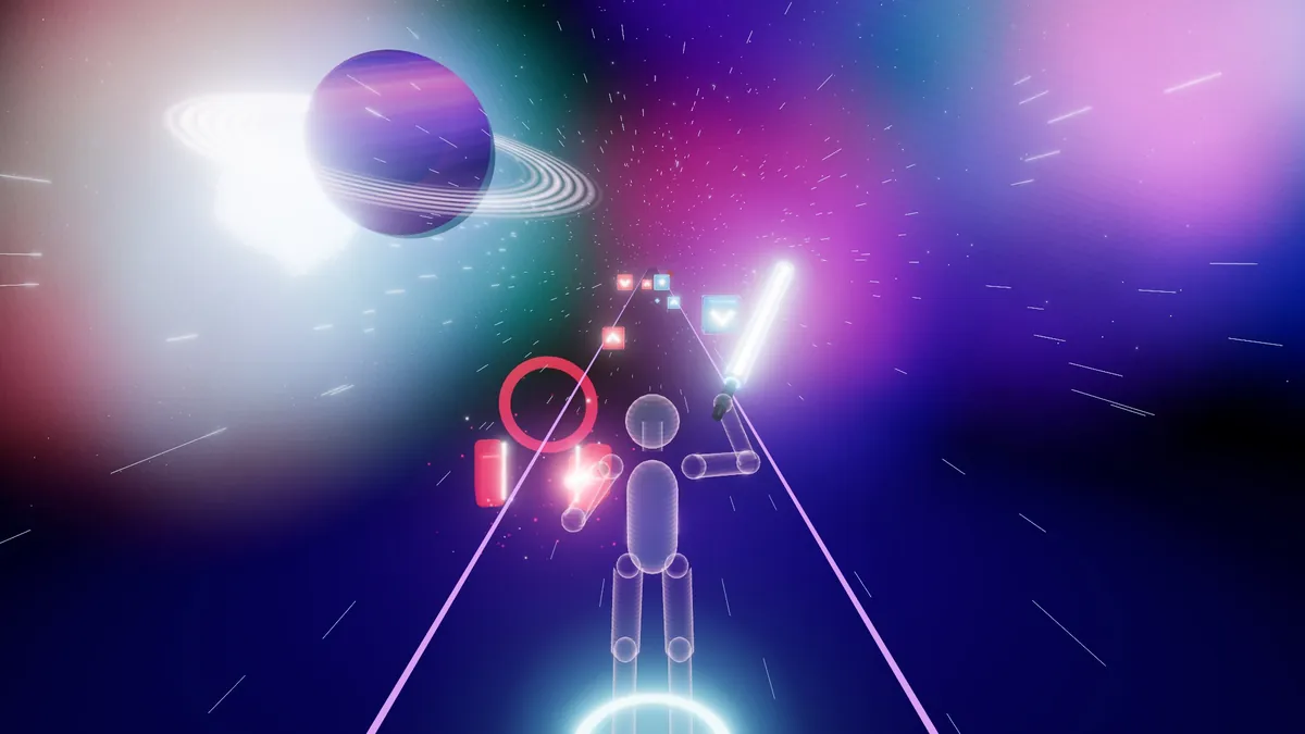 第二關「宇宙星雲」：帶光環的行星、彩色星雲與超空間光條，drop 時整片星空加速衝過來