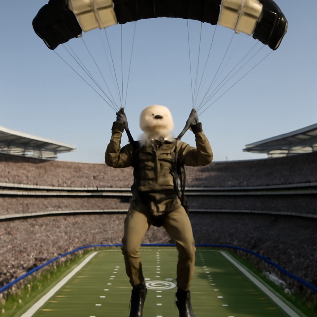 Skydiving Eagle-Man at the Super Bowl meme template