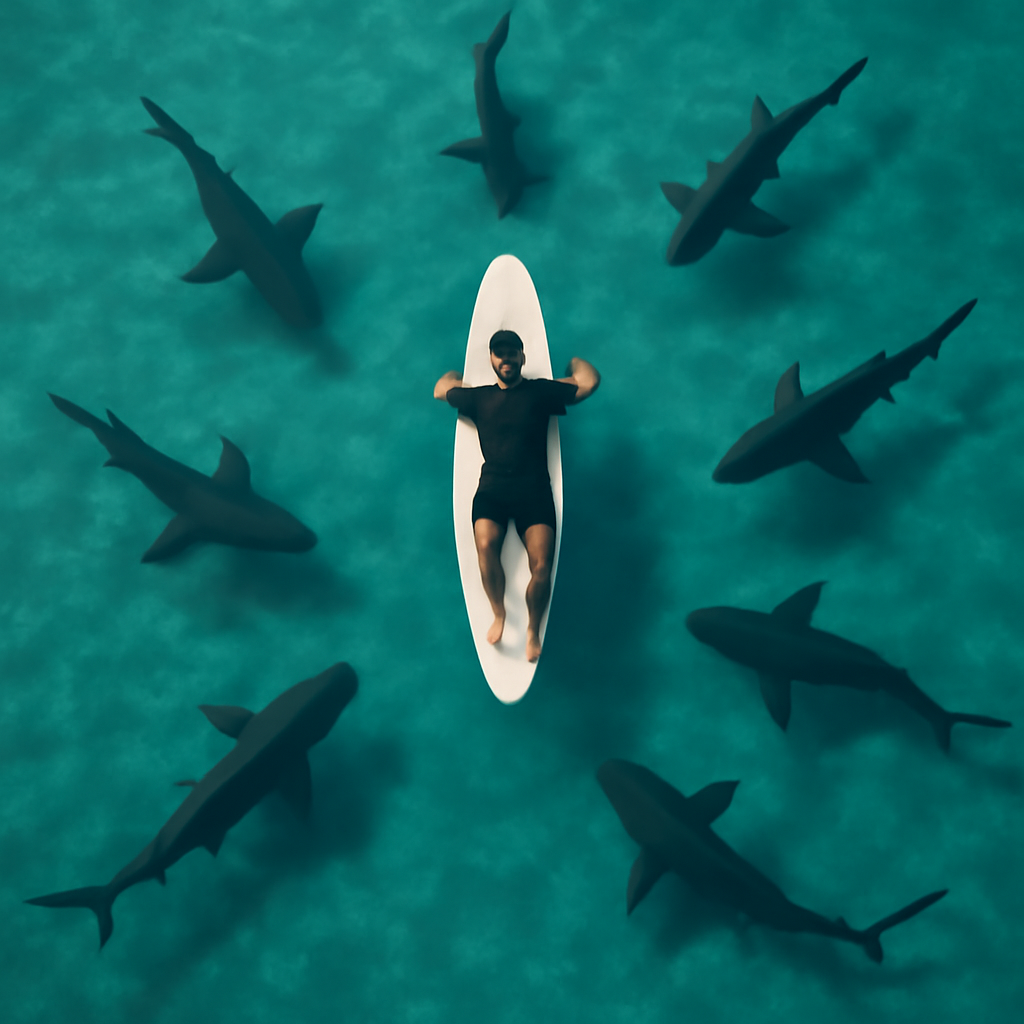 Surfer’s Serenity Above Sharks meme template