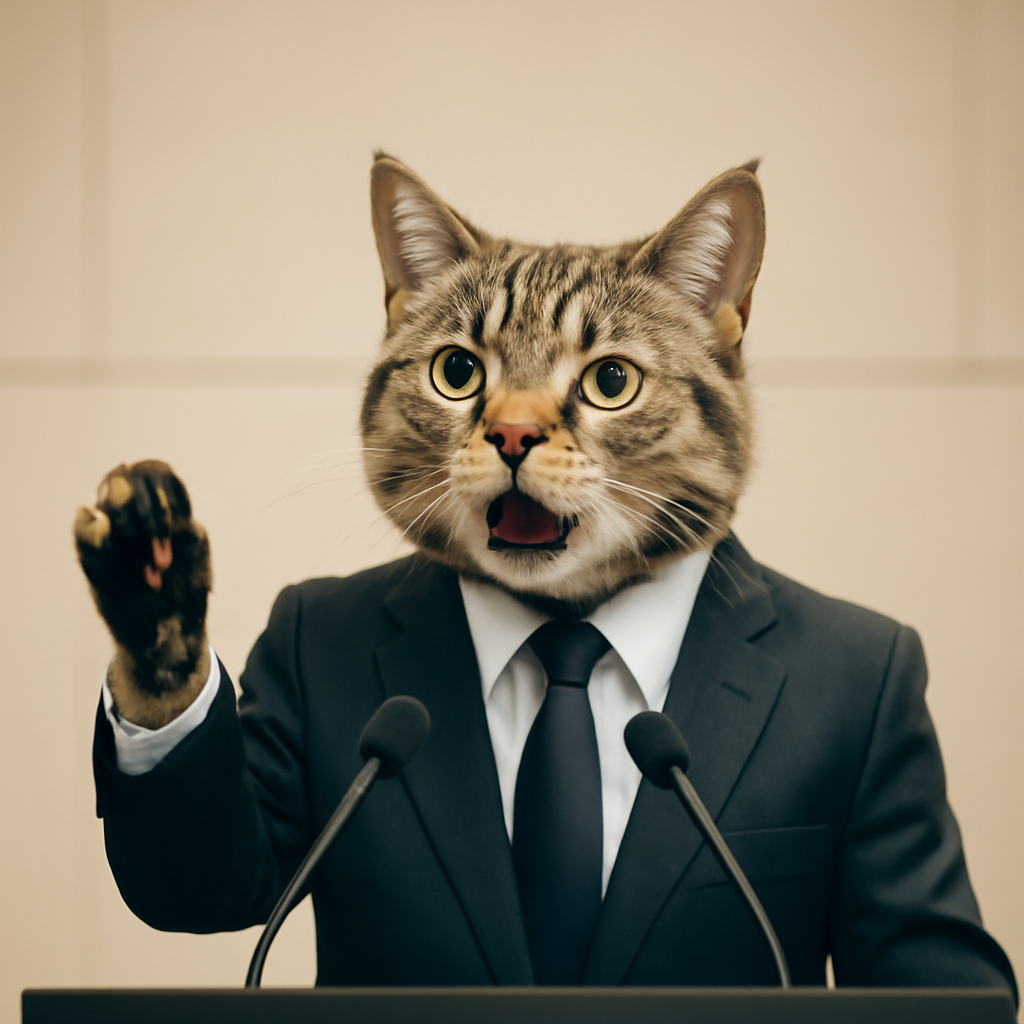 AIQuizzle meme image: A cat CEO giving a motivational speech (Meme) — Photoreal style