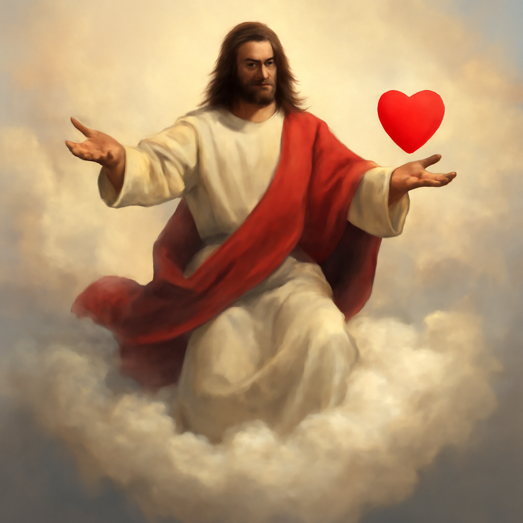 AIQuizzle meme image: Jesus Christ coming down from heaving riding a cloud sharing love (Meme) — Photoreal style