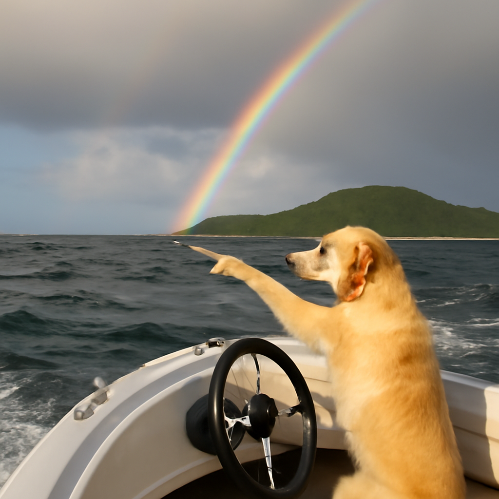 AIQuizzle meme image: A dog driving a boat across a rough ocean pointing to land with a rainbow (Meme) — Photoreal style