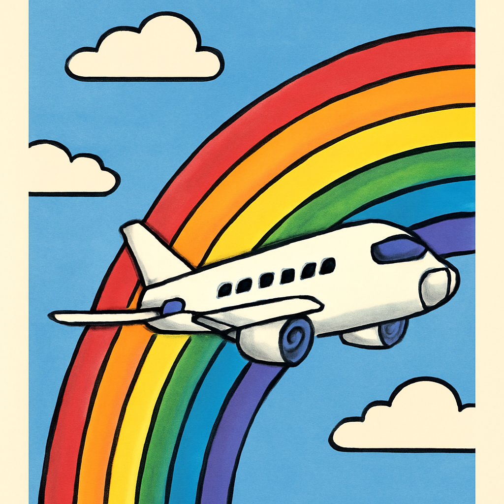AIQuizzle meme image: Airplane with rainbow (Meme) — Cartoon style