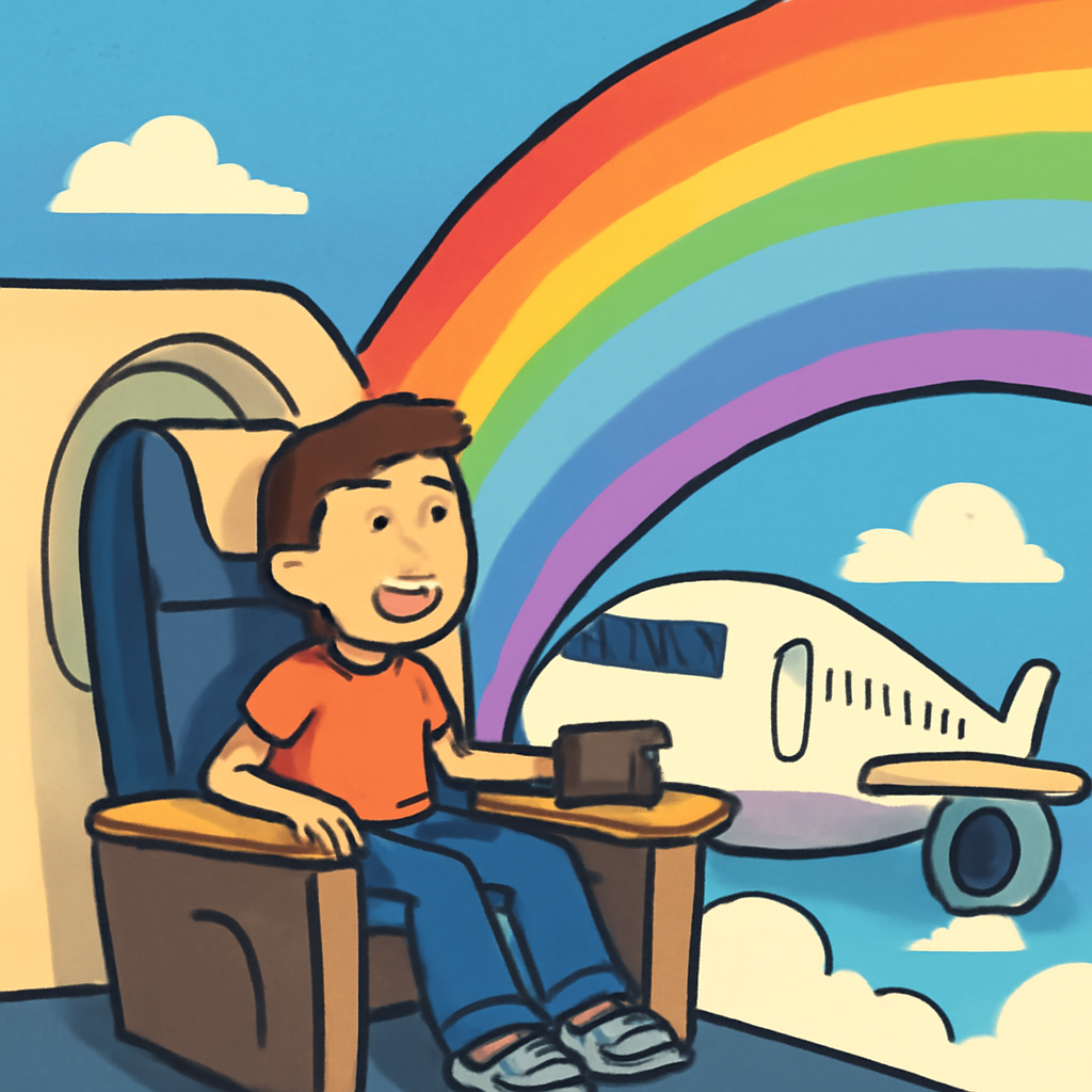 AIQuizzle meme image: 12 year old boy flying first class into a rainbow (Meme) — Cartoon style