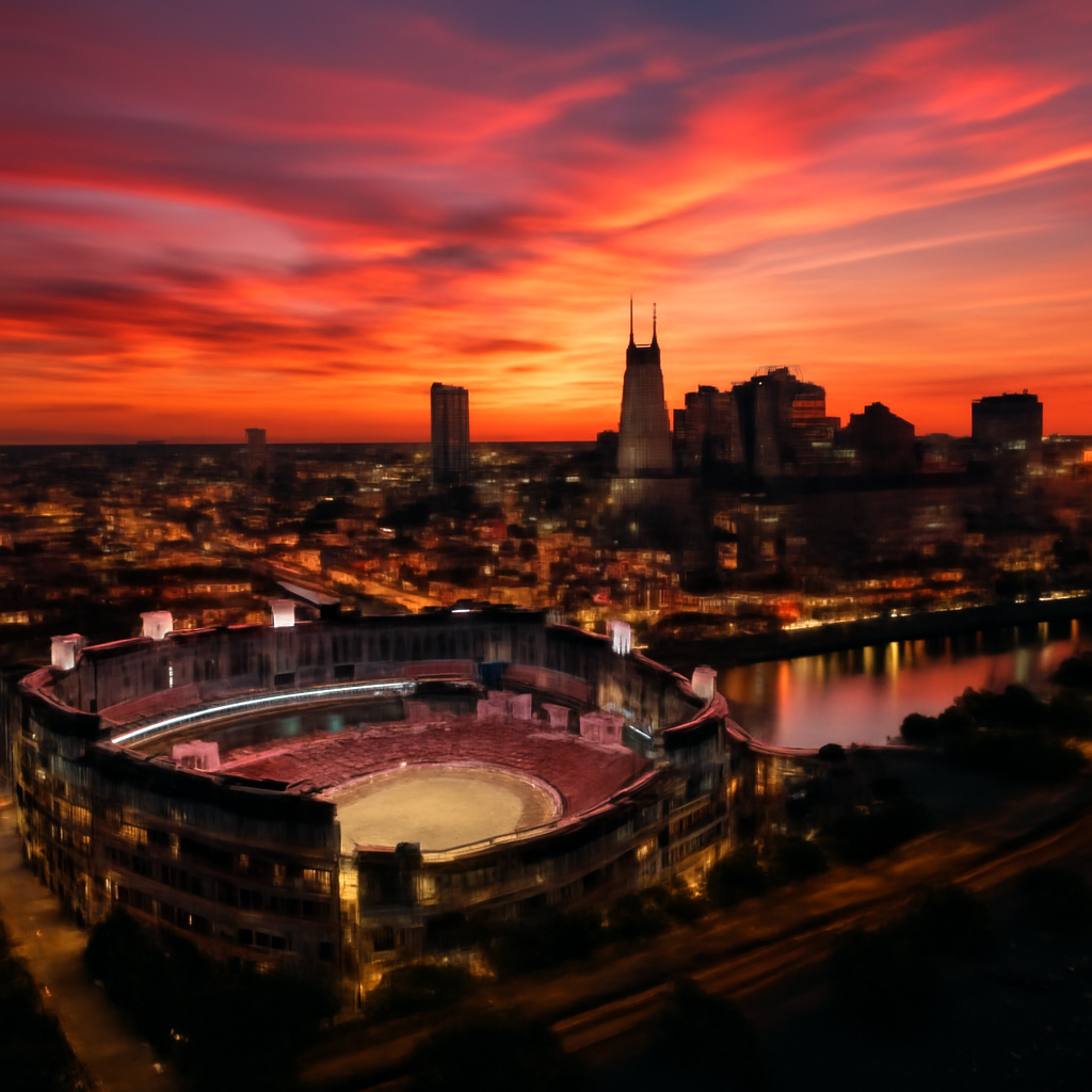 AIQuizzle meme image: City of Nashville Tenn at night with a bright sunset overlooking a football sta… (Meme) — Photoreal style