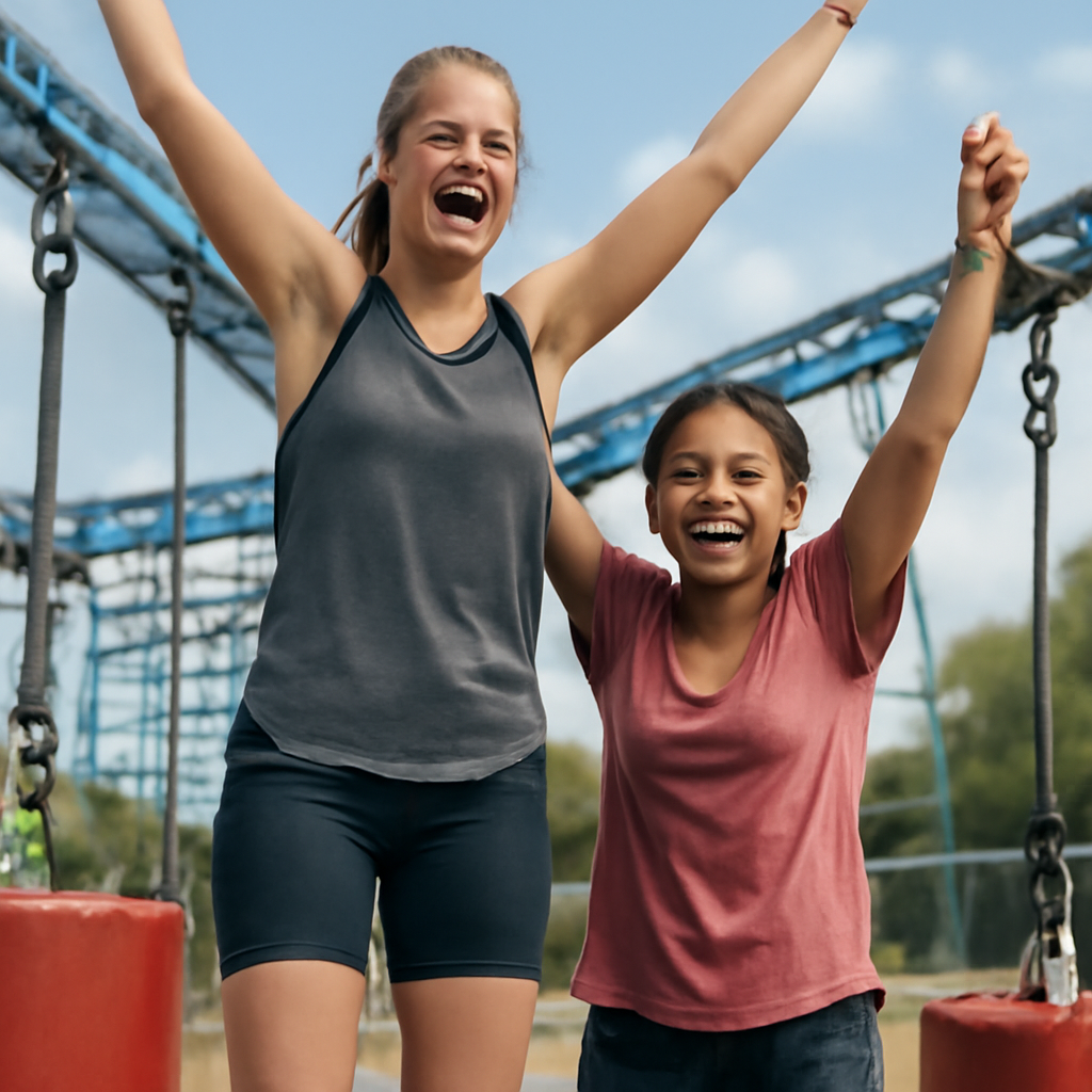 AIQuizzle meme image: 2 girls on an obstacle course winning together one taller one shorter (Meme) — Photoreal style