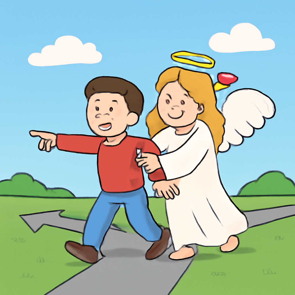 AIQuizzle meme image: An angel saving me from goin the wrong direction and loving me (Meme) — Cartoon style