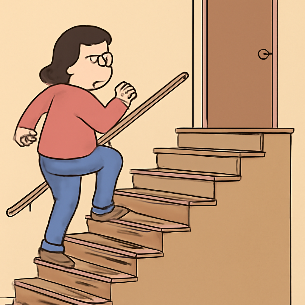 AIQuizzle meme image: Mom wearing out stairs to shut the upstairs door (Meme) — Cartoon style