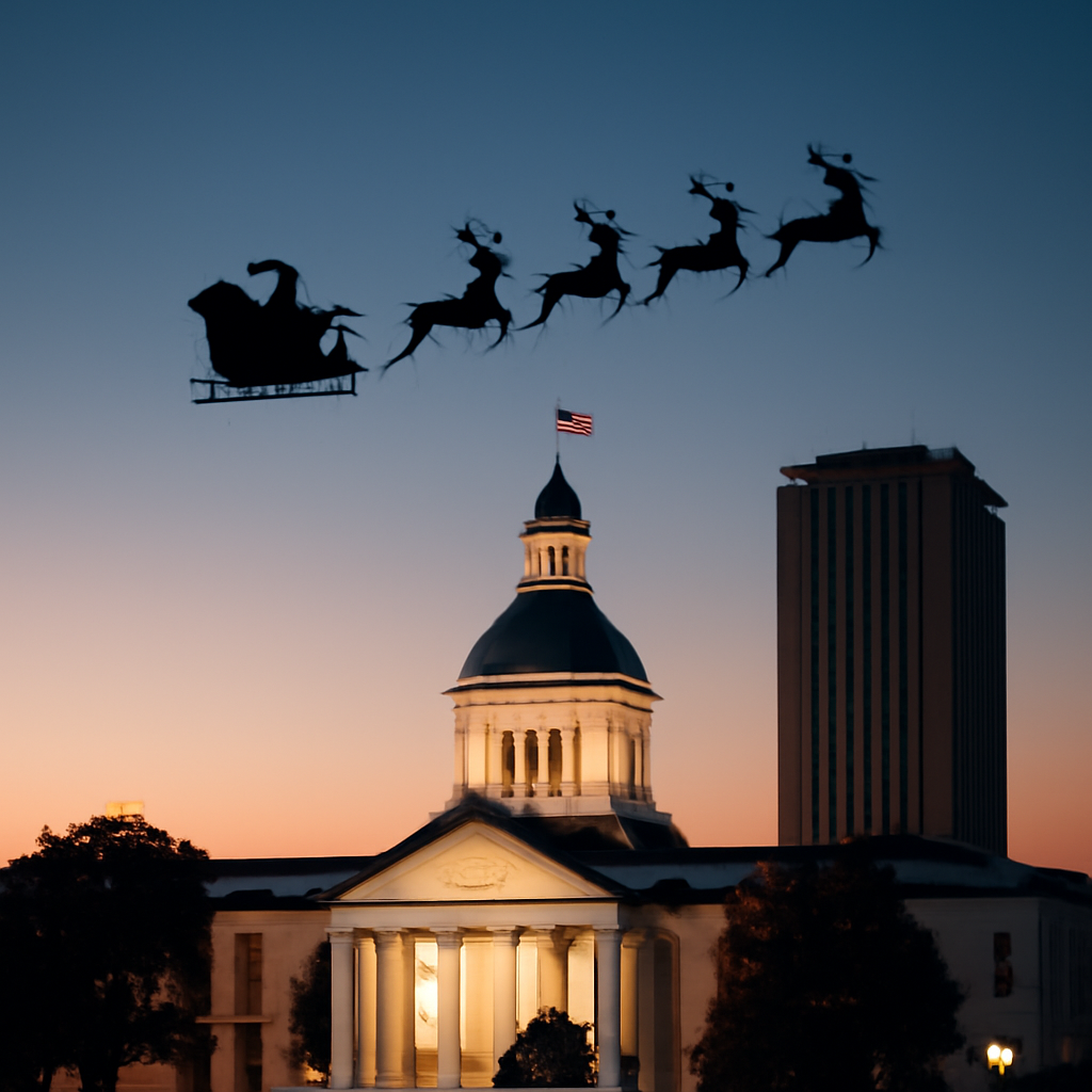 AIQuizzle meme image: Santa in a sleigh with reindeer goin over Florida state capital in Tallahassee (Meme) — Photoreal style